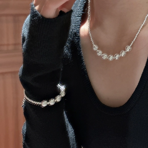 Bracciale S925 in Argento Sterling con Perle Flash CNC per Donna Design Minimalista Coreano Bracciale con Perle Geometriche Gioielli