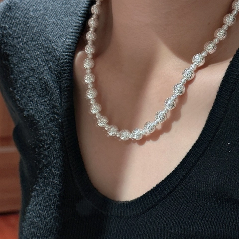Minimalistisch 925 Sterling Silber Perlenkette Für Damen Glitzernd Crushed Silver Textur Elegant CNC Schmuck Geschenk