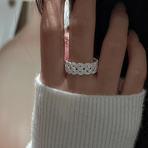 Koreanisch Minimalistisch 925 Sterlingsilber Webstruktur Offener Ring Vintage Verdreht Verstellbarer Fingerring Für Damen Geometrisch Schmuck