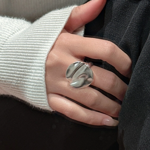 Minimalist 925 Sterling Silver Textured Matte Pleated Ring For Women Irregular Geometric Artistic Adjustable Finger Ring