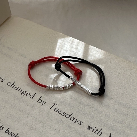925 Sterling Silver Crushed Silver Beads Braided Red String Adjustable Ring For Women Minimalist Vintage Handmade Jewelry Gift