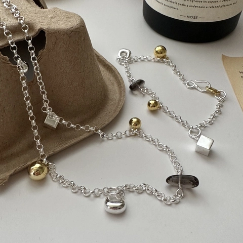 925 Sterling Silver Geometric Color Contrast Bracelet For Women Synthetic Smoky Quartz Pendant Chain Fashion Jewelry Gift