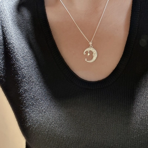 Vintage 925 Sterlingsilber Mond Stern Halskette Gehämmert Halbmond Anhänger Minimalistisch Chic Schlüsselbein Kette Damen Schmuck