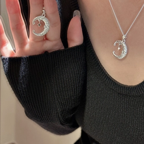 S925 Sterlingsilber Vintage Mond Stern Anhänger Halskette Gehämmerte Textur Minimalistische Mondsichel Gesicht Schmuck Für Damen