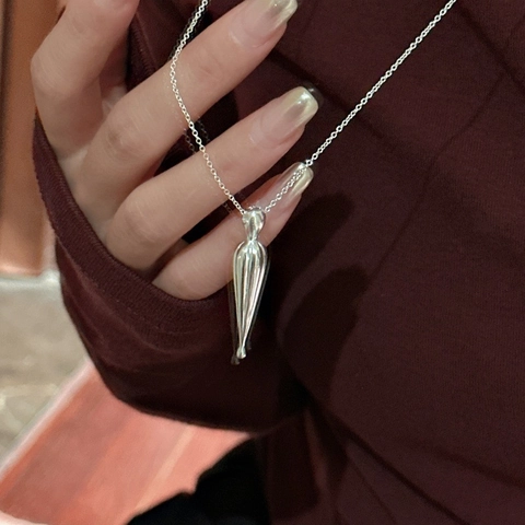 925 Sterling Silver Matte Water Drop Pendant Necklace Retro INS Design Cone Sweater Chain Minimalist Jewelry For Women