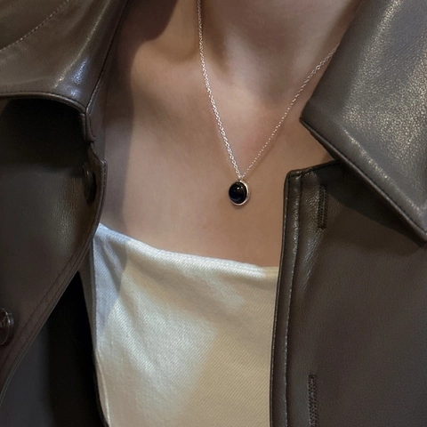 Collana in Argento Sterling 925 con Agata Nera per Donna Minimalista Retro Ciondolo Tondo in Onice Gioielli con Chiusura a T