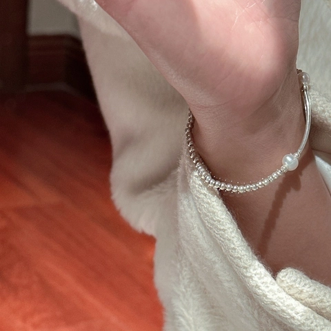 Bracciale in Argento Sterling 925 con Perline da Donna Perla Artificiale Minimalista Tubo Piegato Corda Elastica Gioielli Eleganti di Nicchia