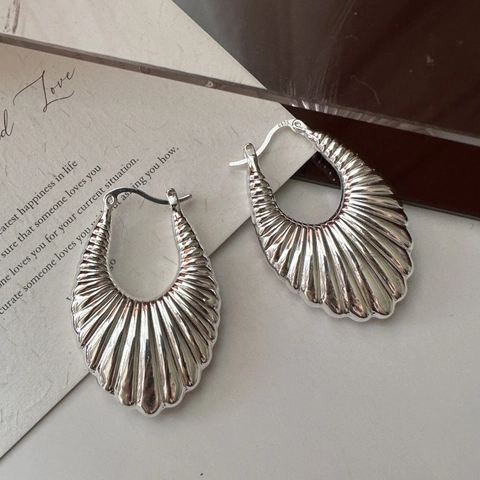 925 Sterling Silver Hoop Earrings For Women French Vintage Ribbed Scalloped Texture Earring Simple Minimalist Fashion Jewelry