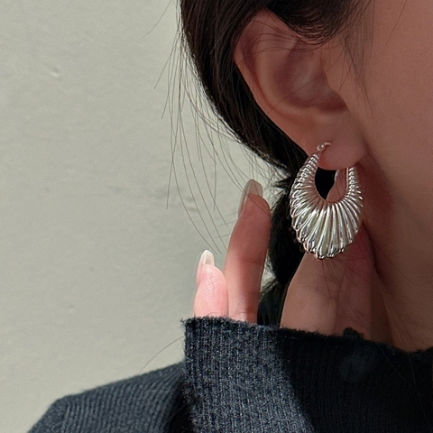 925 Sterling Silver Hoop Earrings For Women French Vintage Ribbed Scalloped Texture Earring Simple Minimalist Fashion Jewelry