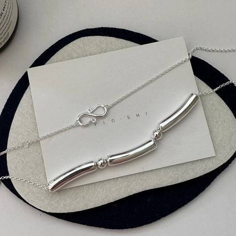 925 Sterling Silver Minimalist Bamboo Joint Tube Pendant Necklace For Women Retro INS Style Geometric Chain Link Jewelry