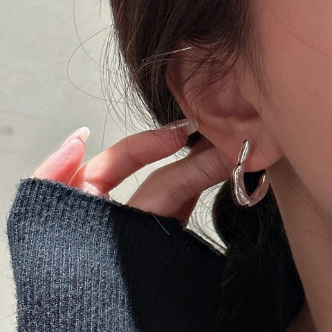 Orecchini a Bottone a Gancio Curvo in Argento Sterling 925 con Lava Fluida Irregolare per Donna Gioielli di Moda Moderna