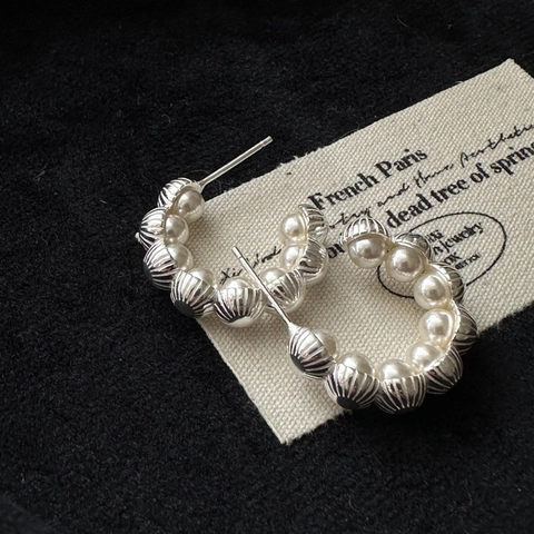 925 Sterling Silver C-Shaped Artificial Pearl Earrings For Women Electroplated French Vintage Textured Metal Bead Jewelry