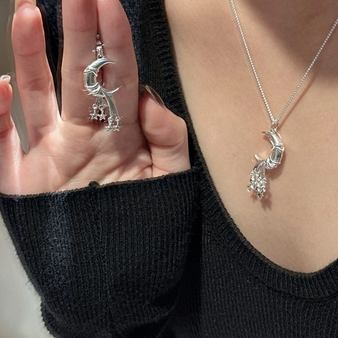 Ciondolo a Nappa Stella Luna in Argento Sterling S925 per Donna Ciondolo Mezzaluna Solo Senza Catena Minimalista Gioielli Regali