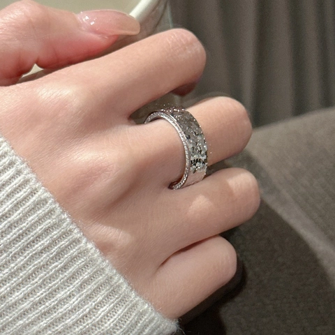 925 Sterling Silver Hammered Open Ring For Women Side Pave Rhinestone Clover Geometric Adjustable Finger Jewelry Ring