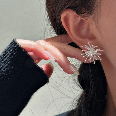925 Sterling Silver Firework Stud Earrings For Women Vintage Radial Starburst Electroplated Minimalist Korean Style Jewelry