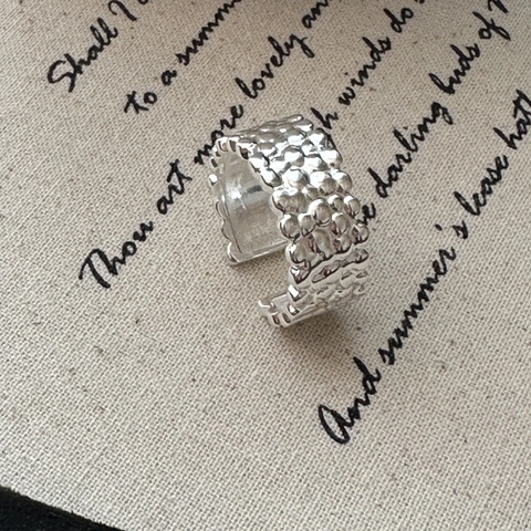 925 Sterling Silver Hammered Open Ring For Women Vintage Lava Texture Irregular Adjustable Wide Band Minimalist Ring Jewelry