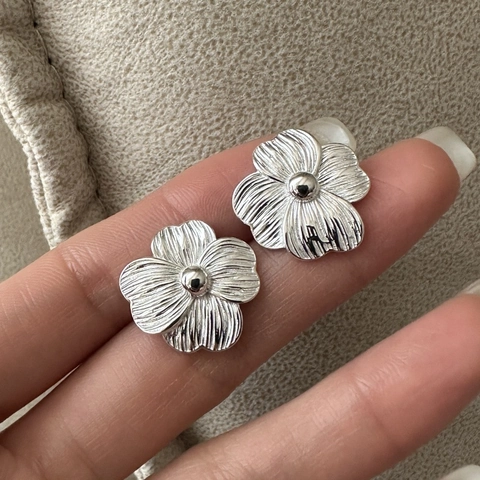 Vintage Orecchini a Bottone in Argento Sterling S925 a Fiore per Donna Stile Coreano Metallo Spazzolato Gioielli Minimalisti