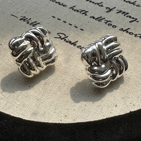 925 Sterling Silver Woven Knot Square Stud Earrings For Women Korean Minimalist Geometric Hollow High Polished Jewelry Gift