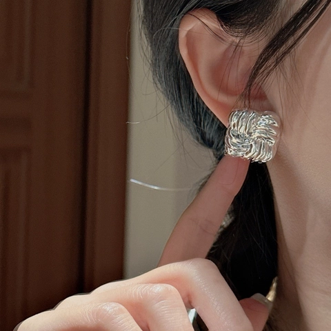 925 Sterling Silver Woven Knot Square Stud Earrings For Women Korean Minimalist Geometric Hollow High Polished Jewelry Gift