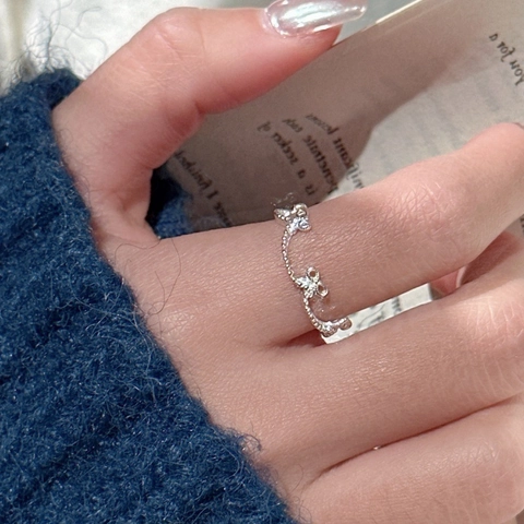 S925 Sterling Silver Bowknot Open Ring For Women Korean Vintage Elegant Rhinestone Adjustable Knuckle Finger Ring Jewelry