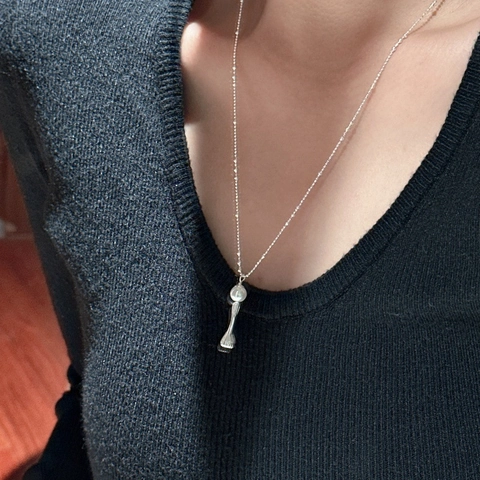 925 Sterling Silver Ribbed Bud Pendant Necklace With Artificial Pearl Vintage Minimalist Silver Beaded Chain Necklace For Women Jewelry