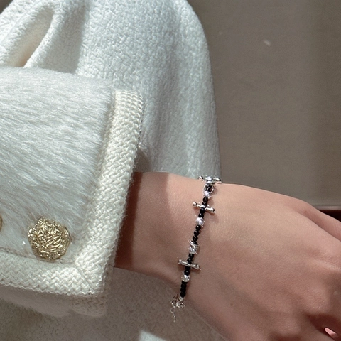 Bracciale di Perline Vintage in Argento Sterling S925 per Donna Perline di Agata Nera Ciondolo a Croce Gioielli Regolabili Perla Artificiale