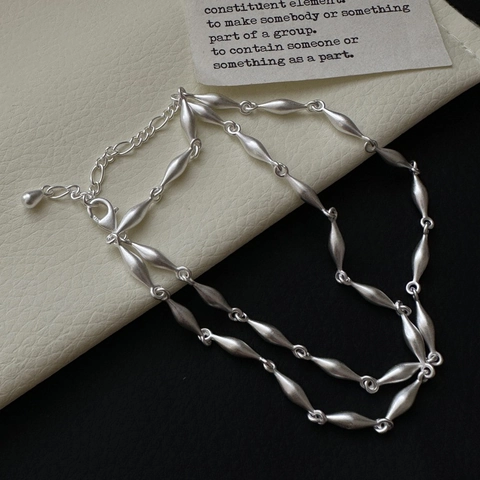 925 Sterling Silver Necklace For Women Minimalist Matte Rice Bead Geometric Olive Shape Choker Korean Style Fashion Jewelry