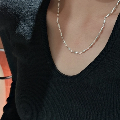 925 Sterling Silver Necklace For Women Minimalist Matte Rice Bead Geometric Olive Shape Choker Korean Style Fashion Jewelry