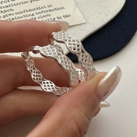 Orecchini a Cerchio Traforati a Griglia Ondulata in Argento Sterling S925 per Donna Orecchini a Rete Geometrici Minimalisti Gioielli di Moda Stile Retro Ins