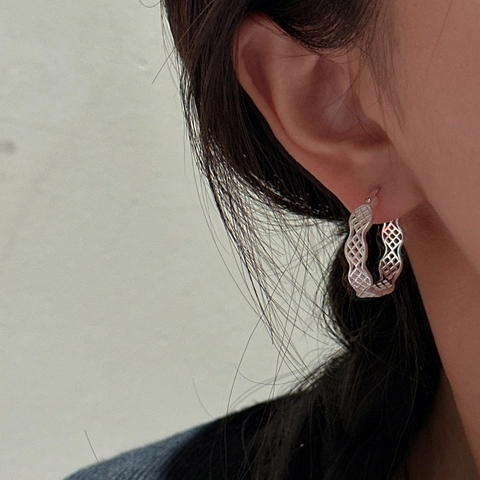 Orecchini a Cerchio Traforati a Griglia Ondulata in Argento Sterling S925 per Donna Orecchini a Rete Geometrici Minimalisti Gioielli di Moda Stile Retro Ins