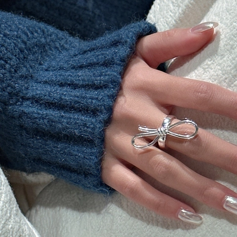 925 Sterlingsilber Schleife Offener Ring Für Damen Koreanischer Minimalismus Unregelmäßiges Design Verstellbarer Fingerring