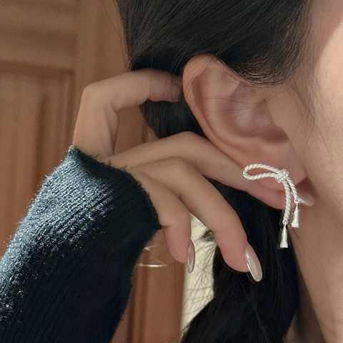 925 Sterling Silver Vintage Bowknot Tassel Earrings For Women Twisted Rope Texture Korean Style Elegant Dangle Stud Earrings Jewelry