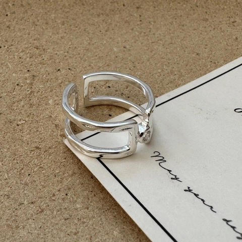 Anello Aperto a Doppio Strato Geometrico in Argento Sterling S925 per Donna Gioielli con Anello Regolabile con Strass Intarsiato Retrò Minimalista