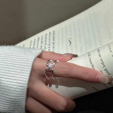 Anello Aperto a Doppio Strato Geometrico in Argento Sterling S925 per Donna Gioielli con Anello Regolabile con Strass Intarsiato Retrò Minimalista