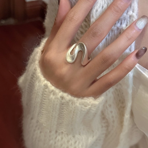 Minimalista Anello Aperto in Argento Sterling 925 a Onda Irregolare per Donna Stile Coreano Opaco Vintage Regolabile Anello