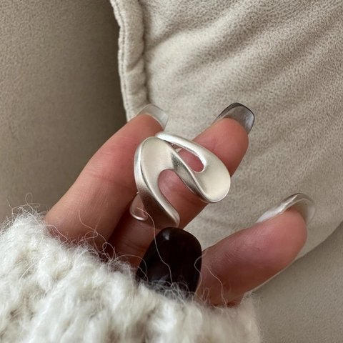 Minimalista Anello Aperto in Argento Sterling 925 a Onda Irregolare per Donna Stile Coreano Opaco Vintage Regolabile Anello