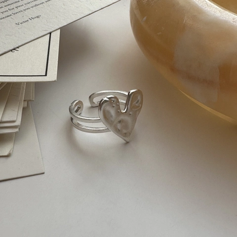 Anillo Abierto Texturizzato con Forma de Corazón de Plata de Ley S925 para Mujer Textura de Lava Minimalista Anillo Ajustable