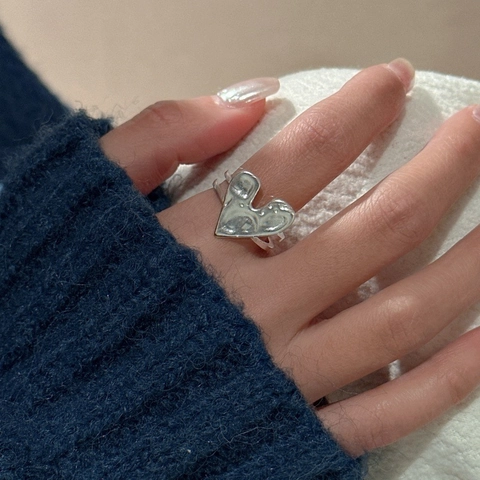 Anillo Abierto Texturizzato con Forma de Corazón de Plata de Ley S925 para Mujer Textura de Lava Minimalista Anillo Ajustable