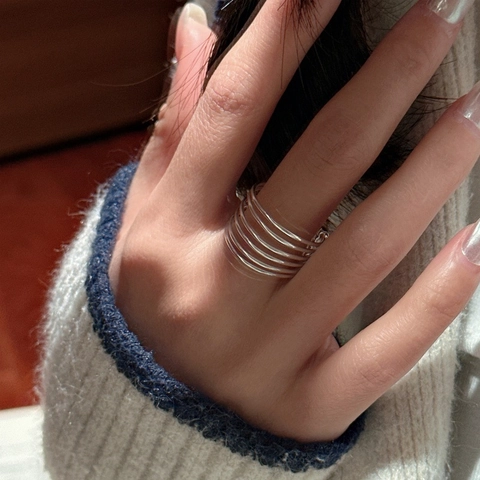 925 Sterling Silver Multi-layer Line Ring For Women Korean Niche Design Simple Retro Geometric Adjustable Open Finger Ring