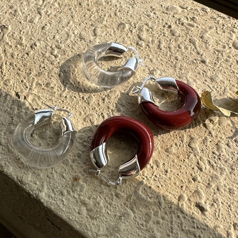 Vintage S925 Sterling Silber U-Form Creolen Für Damen Minimalistisch Transparent Rot Harz Geometrischer Schmuck