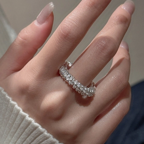 S925 Sterling Silver Beaded Open Ring For Women Vintage Minimalist Adjustable Finger Ring Korean Style Individual Jewelry