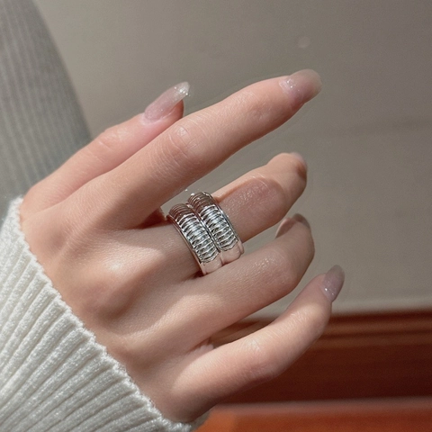 Anello Aperto a Fascia Larga in Argento Sterling 925 alla Moda per Donna Anello Geometrico Retrò Regolabile con Texture a Coste