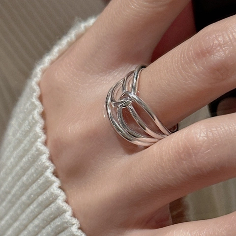 925 Sterling Silver Multi Layer Intertwined Open Ring For Women Vintage Minimalist Geometric Adjustable Finger Jewelry