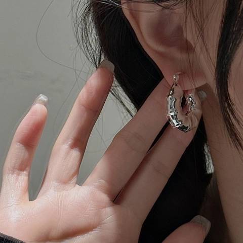 Vintage 925 Sterling Silver Bamboo Knot Hoop Earrings For Women Minimalist Textured Hollow C Shaped Design Fashion Jewelry