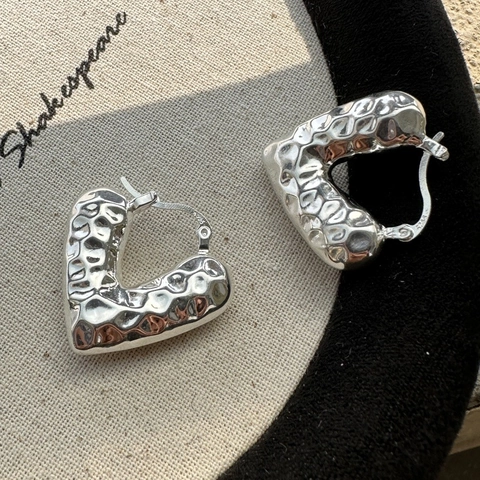 Orecchini a Cerchio a Cuore in Argento Sterling 925 Vintage Texture Martellata Minimalista Gioielli Moda Donna