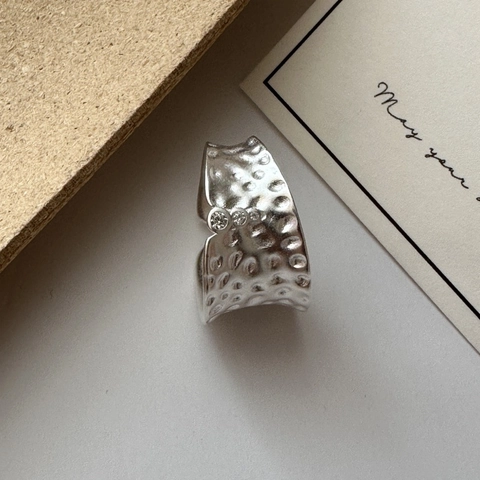925 Sterlingsilber Gehämmert Offener Ring Für Damen Minimalistisch Verstellbar Strass Eingelegt Vintage Fingerring