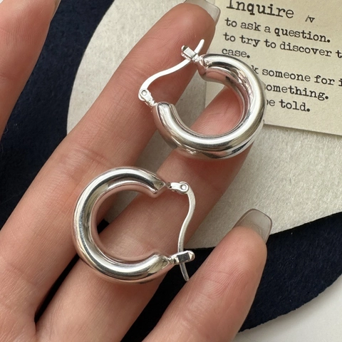 S925 Argento Sterling Cerchi Spessi per Donna Coreano Minimalista Retro Cavo Forma U Geometrico Fibbia Gioielli