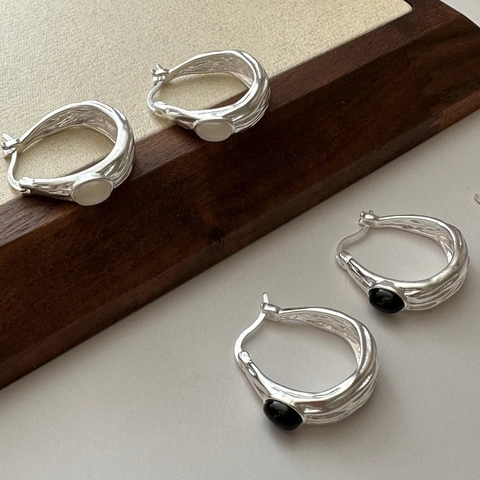Boucles d'Oreilles Créoles en Argent Sterling 925 Texture de Vague Irrégulière pour Femmes Vintage Minimaliste Agate Coquille Bijoux