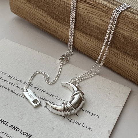 Collana con Ciondolo a Luna in Argento Sterling 925 per Donna Design Retrò Annodato Catena a Mezzaluna Gioielli Geometrici Minimalisti