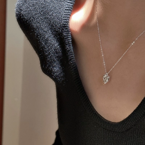 925 Sterling Silver Heart Pendant Necklace Retro Hammered Texture Minimalist Korean Style Silver Clavicle Chain Jewelry For Women